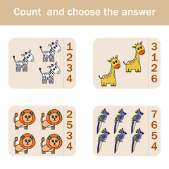 How many counting game with funny forest animal  lions, zebra, giraffes, parrots. Preschool worksheet, kids activity sheet, printable worksheet