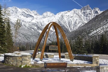 Rogers Pass Monument Arches celebrating the Opening of the Road on September 3, 1962 with Snowy...