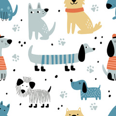 vector seamless pattern with cute funny dogs