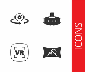 Set Wide angle picture, 360 degree view, Virtual reality and glasses icon. Vector