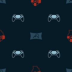 Set Virtual reality glasses, Wide angle picture and Gamepad on seamless pattern. Vector