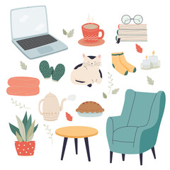 set of isolated vector illustrations hygge style items, cozy and comfort at home collections item