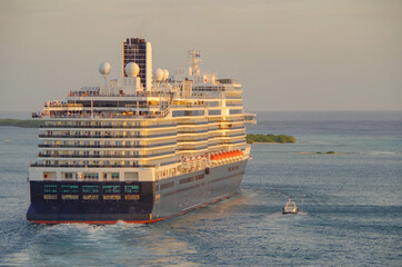 Huge modern HAL Holland America cruiseship or cruise ship liner departure from Oranjestad, Aruba...