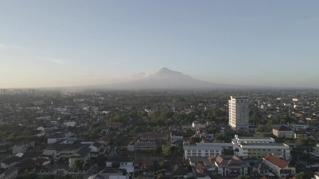 Aerial view of Mount Merapi Landscape with Yogyakarta city view.