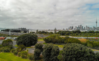 Fototapeta na wymiar Auckland panoramic aerial view. City bridge and skyline, New Zealand