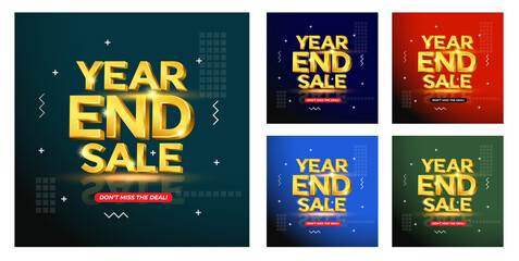 Year end sale, glossy gold text vector in 3d style isolated on variation background colours with reflection for marketing design