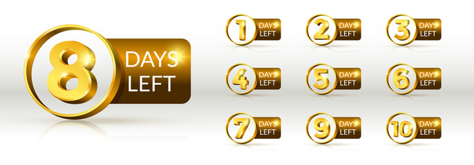 Days to go or day left, glossy gold text vector in 3d style isolated on white background with reflection for marketing design or promotion