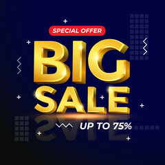 Big sale glossy gold text vector in 3d style isolated on dark background with reflection for marketing design