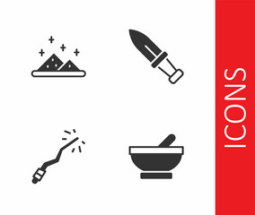 Obraz premium Set Witch cauldron, Magic powder, wand and Dagger icon. Vector