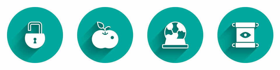 Set Open padlock, Poison apple, Magic ball and scroll icon with long shadow. Vector