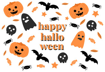 Halloween digital greeting card with jack o lantern, skull, spider and bat pattern
