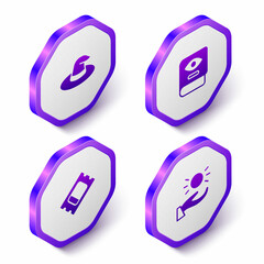Set Isometric Witch hat, Ancient magic book, Circus ticket and Ball levitating above hand icon. Purple hexagon button. Vector
