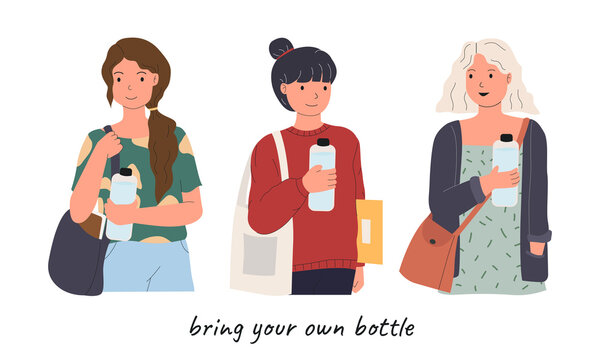 female students in different outfits bring their own bottles vector illustraion