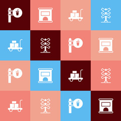 Set pop art Cafe and restaurant location, Ticket office to buy tickets, Trolley suitcase and Railroad crossing icon. Vector