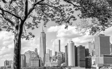 Beautiful skyline of Lower Manhattan framed by Governors Island trees in summer - New York City