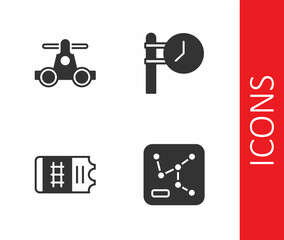 Set Railway map, Handcar transportation, Train ticket and station clock icon. Vector