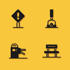 Set Exclamation mark in square, Waiting hall, Turnstile and Arrow for switching the railway icon with long shadow. Vector