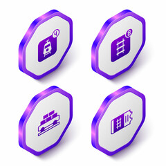 Set Isometric Online ticket booking, Cargo train wagon and Train icon. Purple hexagon button. Vector