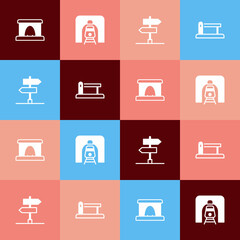 Set pop art Railway tunnel, Train in railway, Road traffic sign and barrier icon. Vector