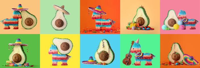 Set of creative Mexican pinatas with sombrero and guitar on color background