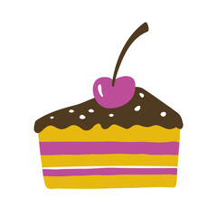 Cute cake icon. Piece of cake with chocolate icing and cherry in cartoon style. Vector flat hand drawn illustration