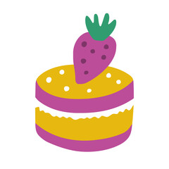 Cute dessert icon. Cake with sprinkles and strawberry. Vector flat hand drawn illustration in cartoon style