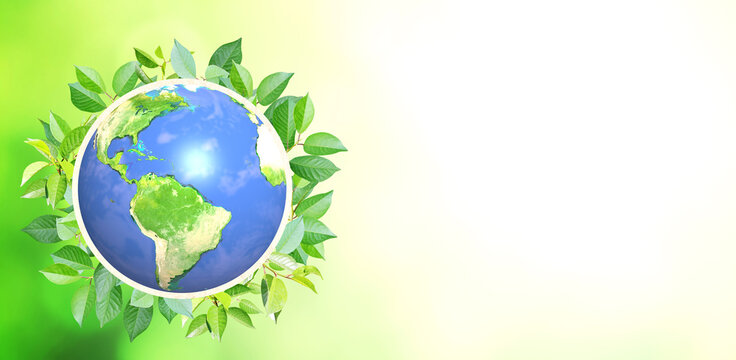 3d Earth planet and green leaves. On blurred sunny green background