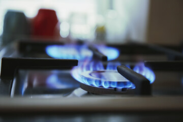 Gas burner with blue flame on domestic stove, closeup