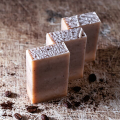 Handmade soap bars with coffee. Organic soap. Selective focus