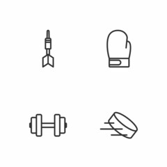 Set line Hockey puck, Dumbbell, Dart arrow and Boxing glove icon. Vector