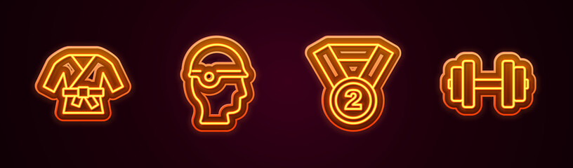 Obraz premium Set line Kimono, Baseball helmet, Medal and Dumbbell. Glowing neon icon. Vector