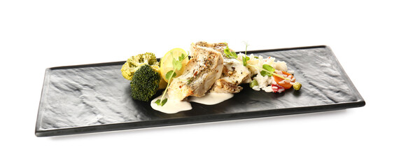Plate with tasty baked cod fillet, rice and vegetables on white background