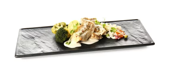 Photo sur Plexiglas Légumes frais Plate with tasty baked cod fillet, rice and vegetables on white background