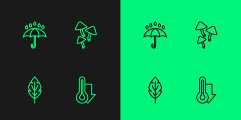 Set line Thermometer, Leaf, Umbrella and rain drops and Mushroom icon. Vector