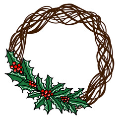 Christmas green wreath isolated on white background in doodle style
