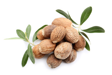 Heap of shea nuts on white background