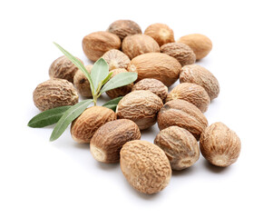 Heap of shea nuts on white background