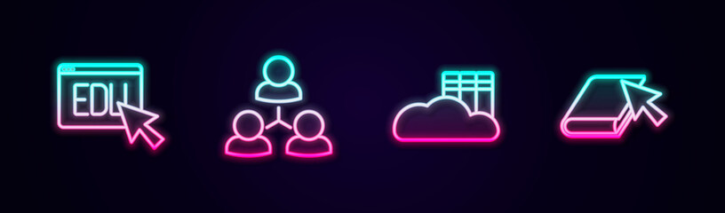 Set line Online education, class, Cloud or online library and book. Glowing neon icon. Vector