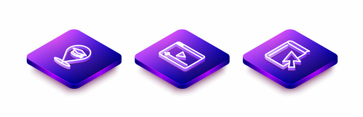 Set Isometric line Online education, play video and book icon. Vector