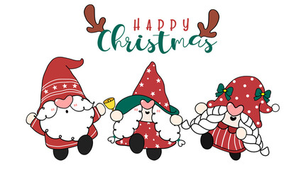 Group of cute Happy Christmas Santa Gnomes dancing,  happy Christmas, cartoon hand drawn doodle flat 