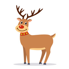 Christmas deer with red nose on square white background, vector illustration of Santa Claus reindeer Rudolf with bells