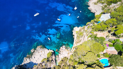 Amazing aerial view of Capri Island coastline in summer season, Italy. Drone viewpoint