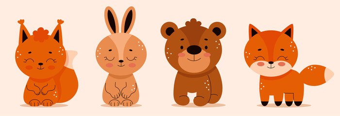 Set of forest animals in cartoon style, hedgehog, bear, hare, fox, beaver, bear, owl. Woodland. Cute vector illustration for kids.