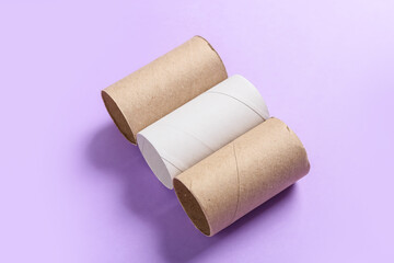Toilet paper cardboard tubes on color background