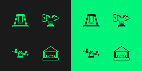 Set line Sandbox with sand, Seesaw, Swing for kids and plane icon. Vector