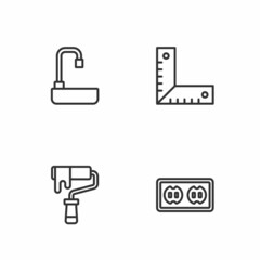 Set line Electrical outlet, Paint roller brush, Washbasin and Corner ruler icon. Vector