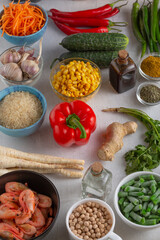these are vegetables, meat, seafood and fruits.