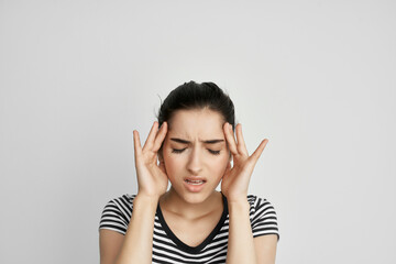 brunette holding his head migraine depression isolated background