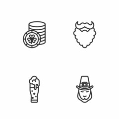 Set line Leprechaun, Glass of beer, Golden leprechaun coin and Mustache and beard icon. Vector