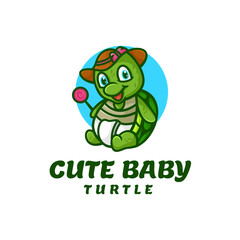 Vector Logo Illustration Baby Turtle Mascot Cartoon Style.
